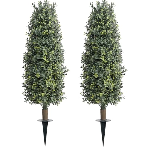 36" Artificial Boxwood Topiary Trees with Ground Spike Set of 2, Outdoor 3ft Faux Boxwood Topiaries Cone Bushes Trees Fake Shrubs Plants Front Porch Decor Outside Garden - size: Boxwood 36 inch