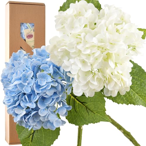 FiveSeasonStuff Real Touch Silk Hydrangea Flowers, 2 Large Long Stem Artificial Flowers for Floral Arrangements (Mixed Summer White & Heavenly Blue) - color: Mixed Summer White + Heavenly Blue