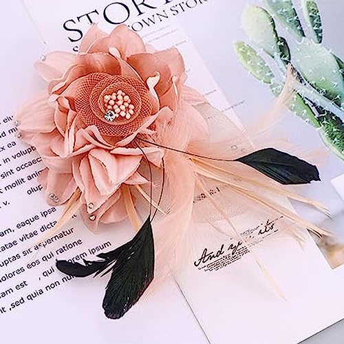 Elegant Flower Brooch for Women Wedding Party Dance Banquet Pins Feather Flower Fascinator Lady Floral Hairpins Dress Suit Lapel Pin Ceremony Accessories Corsage Brooches Vintage Jewelry Gifts - color: Pink