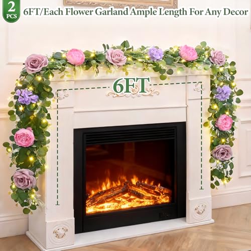 Livole 2Pcs 12 FT Artificial Flower Garland with Lights Pink Fake Roses Peony Floral Garland with Eucalyptus Flower Hanging Vine for Wedding Arch Table Centerpieces Backdrop Party Home Decor - color: Pink With Light, size: 2 Pcs