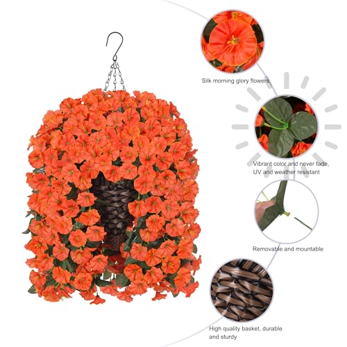 HyeFlora Artificial Fake Hanging Flowers Plants Baskets for Outdoor Decoration, Faux Silk Orange Morning Glory in Planter UV Resistant Look Real for Home Porch Patio Balcony Yard Decor - color: Orange Morning Glory