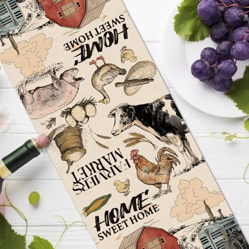 Farm Animals Dining Table Runner, Farmhouse Country Cow Lamb Pig Chicken Duck Barn Tractor Burlap Kitchen Decoration, Farmer Market Indoor Outdoor Sweet Home Decor Party Supply 13 x 36 Inches - color: Farm, size: Table Runner 13''X36''