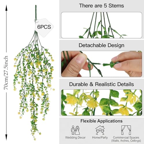 6PCs Artificial Eucalyptus Flowers for Outdoors Yellow Faux Hanging Vines Plants UV Resistant Fake Ferm Plants for Outdoors Home Porch Patio Garden Front Porch Summer Decor(Yellow) - color: Yellow
