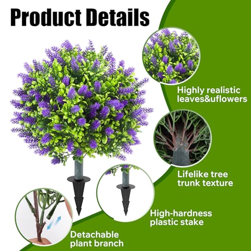 2 Pack 25" Artificial Lavender Topiary Ball Trees for Outdoors, UV Resistant Faux Evergreen Shrubs with Ground Spikes, Fake Bush Ball Plants for Front Porch, Patio, Garden, Indoor Outdoor Home Decor - color: Lavender