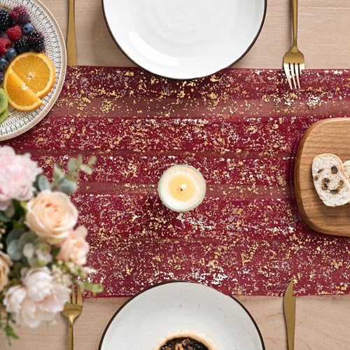 Artoid Mode Burgundy Gold Gauze Table Runner 120 Inch 10FT, Glitter Metallic Foil Sheer Dining Wedding Anniversary Holiday Birthday Table Decor for Home Party - color: Burgundy, size: 28" x 120"