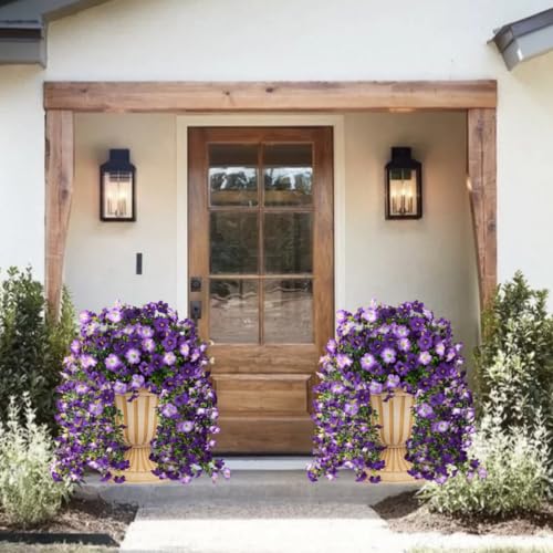 4PCS Artificial Hanging Flowers for Outdoor Hanging Plants Faux Morning Glory UV Resistant Silk Spring Summer Flower for Garden Porch Yard Patio Balcony (Mixed Purple) - color: Mixed Purple