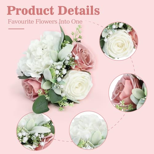 Artificial Bridesmaid Bouquets 4Pcs -7 Inch Bridesmaid Bouquets Pink Fake Floral Silk Rose Handmade for Wedding Holding Flowers, Bridal Shower,Engagement Wedding Ceremony Anniversary - Dusty Pink - color: Dusty Pink, size: 4pcs Bouquets
