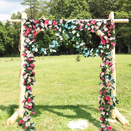 Miracliy 8Pcs 66FT Pink Flower Garland, Blue and White Artificial Rose Floral Vines Fake Hanging Spring Flower Garland for Wall Backdrop Wedding Arch Tea Party Door Mantle Decoration - color: Pink&blue-8pcs