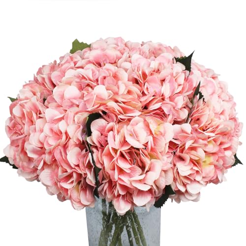 Pack of 5 Artificial Fake Flowers Plants Silk Hydrangea Arrangements Wedding Bouquets Decorations Plastic Floral Table Centerpieces Home Kitchen Garden Party Festival Bar(Pink) - color: Pink