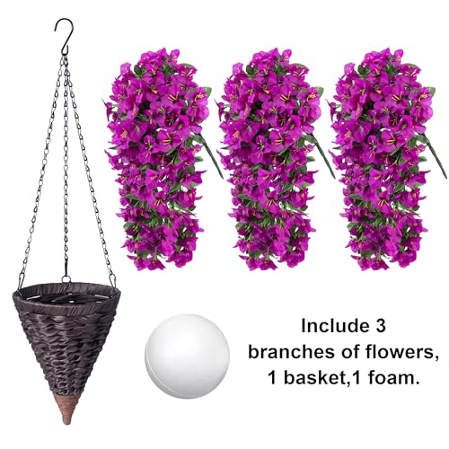 INSPRING Artificial Bougainvillea Faux Flowers Plants Baskets for Outdoor Outside Decoration, 3PCS Fake Silk Flowers Long Trailing Vines UV Resistant Realistic for Front Door Porch Patio (Purple) - color: Purple
