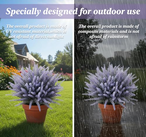 ilauke 10 Bundles Artificial Lavender Flowers for Outdoors, Purple Fake Flowers for Decoration, UV Resistant Faux Plants Lavender Flower Bouquet Indoor Outside Home Wedding Garden Patio Porch Decor - color: Purple