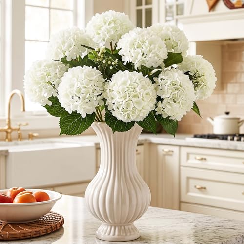 Auihiay 10PCS Artificial Hydrangea Flowers Kits, Realistic White Faux Hydrangea Flowers for Home Decor, Fake Hydrangeas for Wedding Centerpieces, DIY Bouquets, Bridal Shower, Mother's Day(White) - color: Ivory