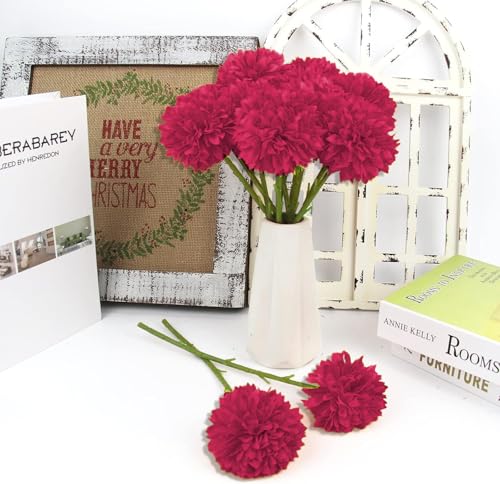 Tinsow 12Pcs Artificial Chrysanthemum Flowers Faux Bright Red Ball Flowers Burgundy Fall for Christmas Autumn Farmhouse Home Decoration (12,Bright Red) - color: Bright Red