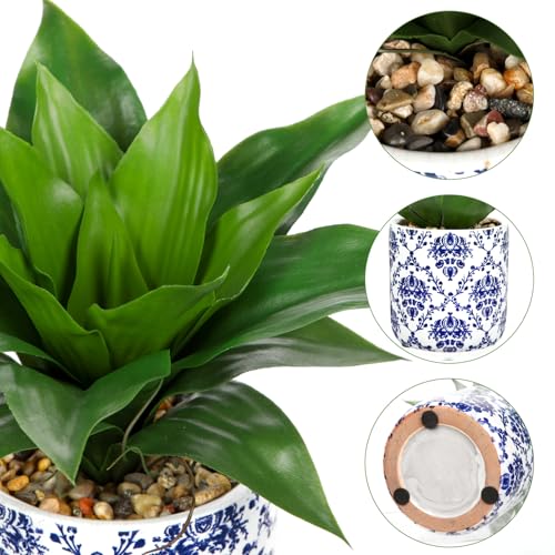 Briful Agave Plants Artificial Succulents Fake Plant in Blue Vase, 10.6'' Tall Realistic Faux Plant Indoor for Home Decor Living Room Kitchen Centerpiece Table - color: Green Agave