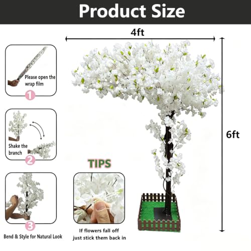 Artificial Cherry Blossom Trees Large 6ft,White Faux Cherry Blossom Tree,Fake Cherry Blossom Handmade Tree Indoor Outdoor for Wedding Party Restaurant Park Living Room(6x4ft) - color: White, size: 6x4ft