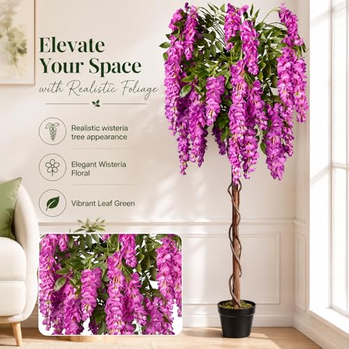 5ft Artificial Wisteria Tree, Fake Tree with Firmly Attached Blooms for Less Shedding, Faux Trees Indoor Outdoor Home Office Living Room Decor, Potted Floor Plant - color: Wisteria Tree Purple