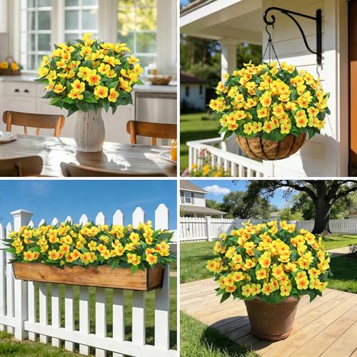 6 Pcs Artificial Flowers for Outdoors Fake Silk Periwinkle Flowers Faux Plants UV Resistant Bouquet Decorations for Planters Spring Summer Garden Porch Patio Window Box Balcony Home, Yellow - color: Yellow