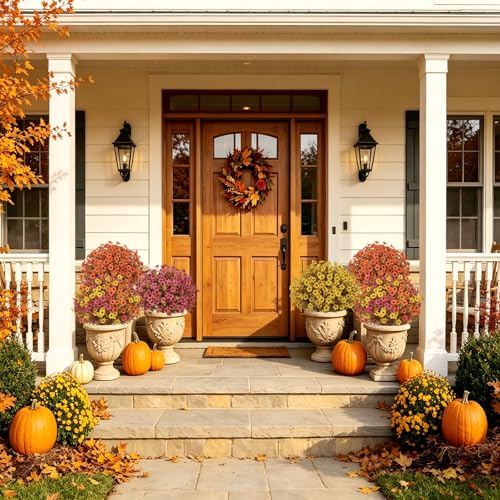 24" Artificial Fall Potted Plants Outdoor Set of 2, UV Resistant Faux Daisy Mums Flowers with Eucalyptus, Decorative Plants in Pots for Front Porch, Patio & Entryway - color: Fall Red, size: 24in Daisy Eucalyptus