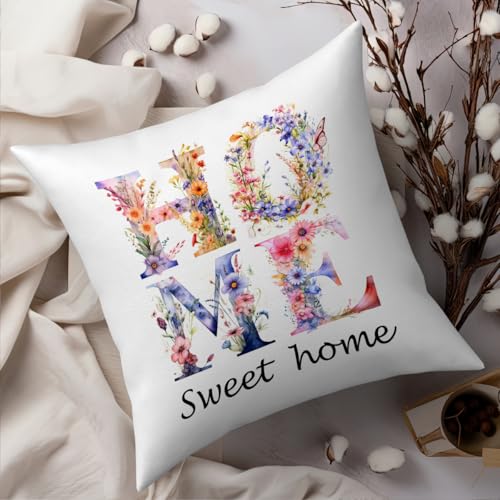 Fokongna Sweet Home Floral Pillowcase, Colorful Butterfly Floral 18 x 18 Inches Covers Cottagecore Wildflower Botanical Butterfly Moth Decorative Lumbar Pillow Covers, for Home Sofa Couch Patio - color: Sweet Home
