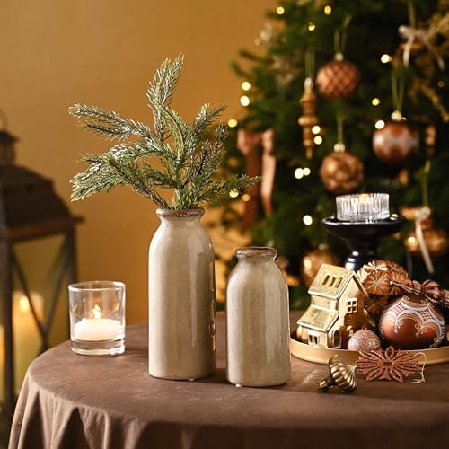 VICTOR & TERESA Green Ceramic Vases Home Decor, Farmhouse Vase for Flowers, Flower Vase Set of 2, Rustic Decorative Vases for Pampas Grass, Table, Living Room, Shelf, Centerpieces, 8 inch - color: Green