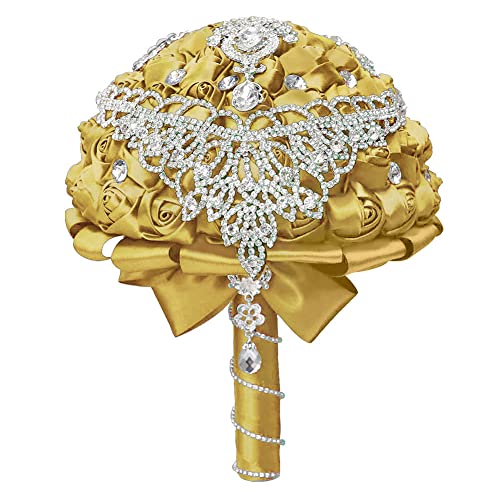 XINNI Brooch Bridal Wedding Bouquet Bride Bridesmaids Satin Rose Flower Bouquet with Bling Drop-Shaped Rhinestone for Wedding Light Golden - color: Lightgolden