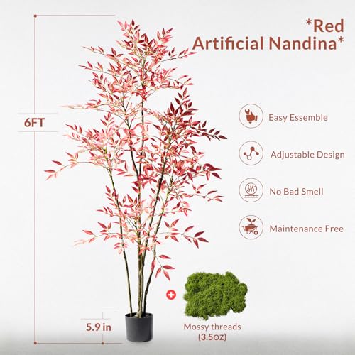 Tall Fake Bamboo Tree Large Artificial Nandina Trees Indoor Outdoor Realistic Floor Plant Potted Faux Plastic Silk Plants for Home Living Room Office Front Porch Patio decoracion Housewarming Gift - color: Red, size: 6ft