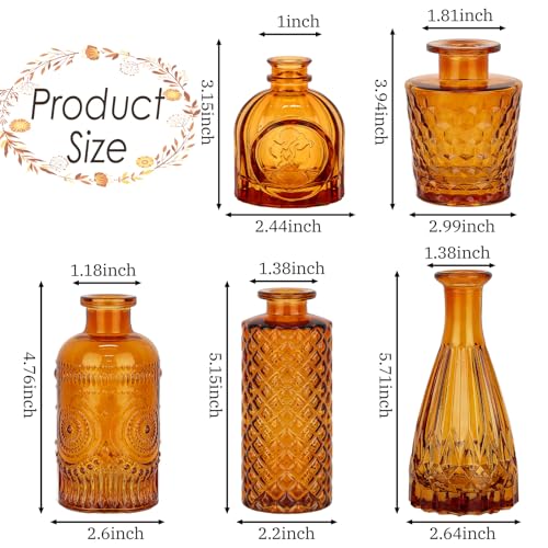 Amber Glass Bud Vases Set of 5, Mini Flower Vase for Centerpieces, Brown Small Bud Vases in Bulk for Wedding Decorations, Vintage Vase for Table, Recepetion, Home Décor - color: Amber Brown, size: 5pcs