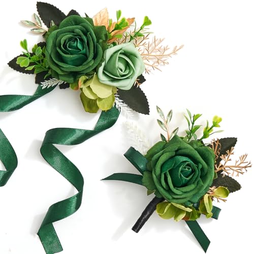 Alecono Green Corsage and Boutonniere Set, Corsages for Bride Bridesmaid Groom Bridegroom, Artificial Flowers for Prom Graduation Ceremony Anniversary - color: Green, size: Corsage and Boutonniere Set