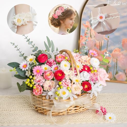 Fake Flower Heads for Crafts, 66PCS Mini Artificial Flowers Bulk, Small Silk Daisy Rose Sunflower Faux Floral Heads for DIY Hair Clips, Wedding Cake, Graduation Cap, Wreath & Party Decoration - color: Pink