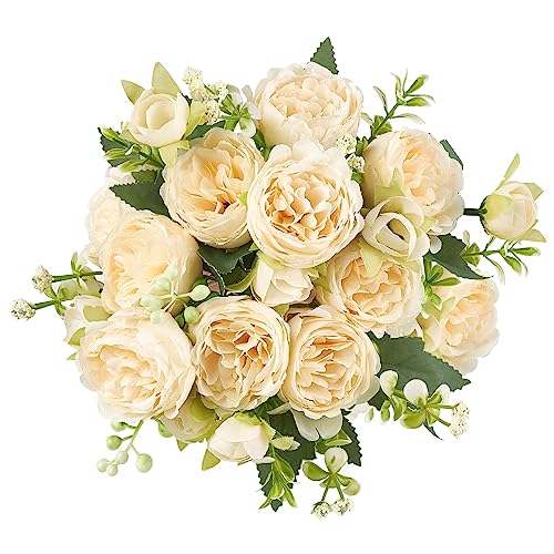 Mkono Peonies Artificial Flowers, Small Silk Flowers for Home Decor Indoor Fake Bouquet Faux Floral Arrangements Dining Table Centerpieces for Kitchen Party Decor Champagne - color: Champagne