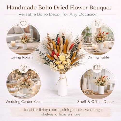 Handmade Bohemian Dried Flower Bouquet – Spring Summer Flowers Arrangement with Strawflower, Pampas Grass, Bunny Tails & Eucalyptus – Rustic Farmhouse, Shelf, Dining Table & Home Decor