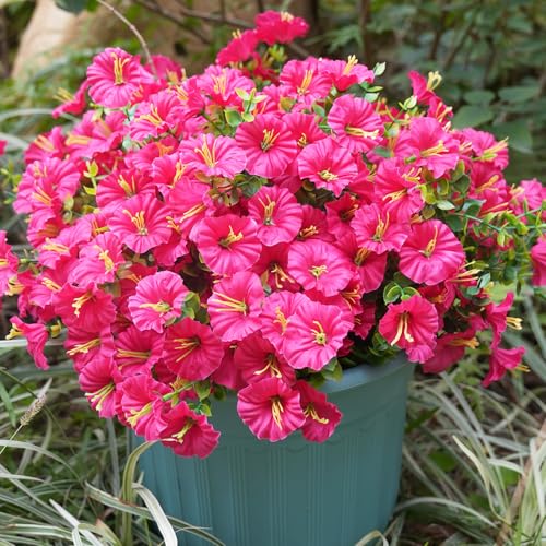 Artificial Flowers for Outdoors, UV Resistant Fake Silk Morning Glory, Realistic Faux Plants for Outside Porch Patio Window Box Hanging Planter (16, Hot Pink) - color: Hot Pink