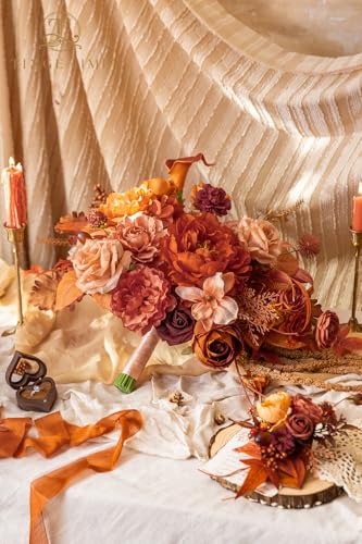 TINGE TIME 13 inch Maple Red Wedding Bouquets for Bride, Bridal Bouquet for Bride, Artificial Silk Rose for Graduation Bouquet, Fake Flowers for Fall Wedding Ceremony and Anniversary - color: Maple Red