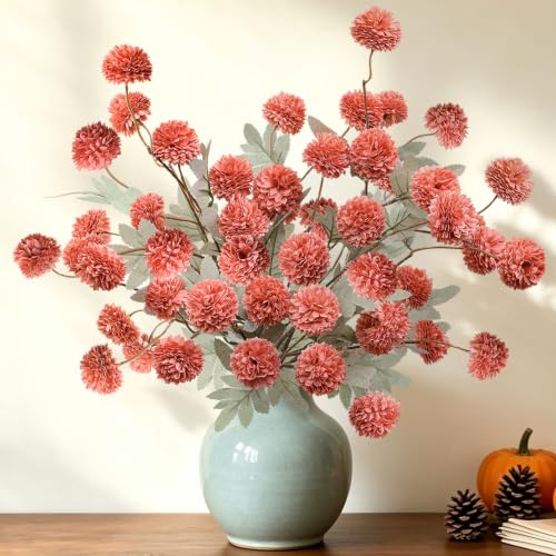 INQCMY Artificial Flowers 12 Pcs Fake Chrysanthemums Orange Faux Kiku Flower Long Stem 20" Realistic Silk Pompon Fall Mums for Vase Wedding Bouquets Centerpieces Home Decor - color: Deep Orange