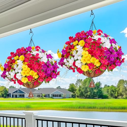 Dolicer 2 Packs Look Real Artificial Hanging Flowers for Outdoors, Realistic Artificial Flowers for Outdoors Hanging Basket UV Resistant Fake Hanging Flowers Plants for Outdoor Porch Patio Balcony - color: Yellow+fuchsia+purple+white, size: 2PACKS