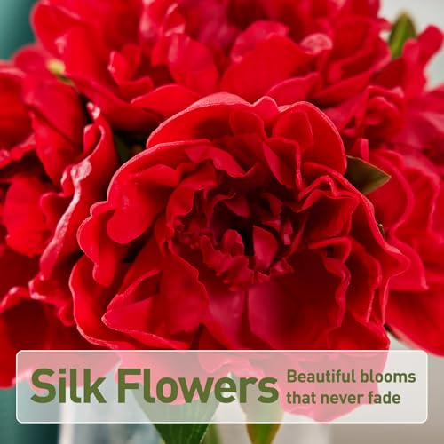 VeriNatural Artificial Red Peony Flowers with Vase – 10.6" Fake Silk Floral Arrangements in Glass Vase with Faux Water for Home Decor, Bathroom Shelf, Centerpiece, Wedding, Gift - color: Red