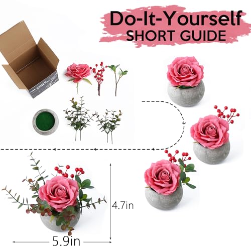 mizii DIY Small Artificial Flowers Potted Kit Fake Flower Realistic Silk Rose and Greenery with Vase for Gifts Table Centerpiece Mantle Office Desk Shelves Living Room Decorations (Pink) - color: Pink