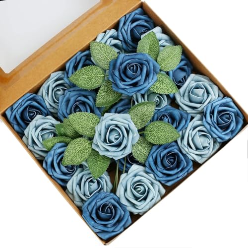 Higfra Artificial Flowers 50 Stems Realistic Roses - Lifelike Fake Flowers for Wedding Bouquets, Baby Shower Decor, Home Centerpieces, DIY Floral Arrangements (Dusty Blue Shades, 50Pcs) - color: Dusty Blue Shades, size: 50Pcs