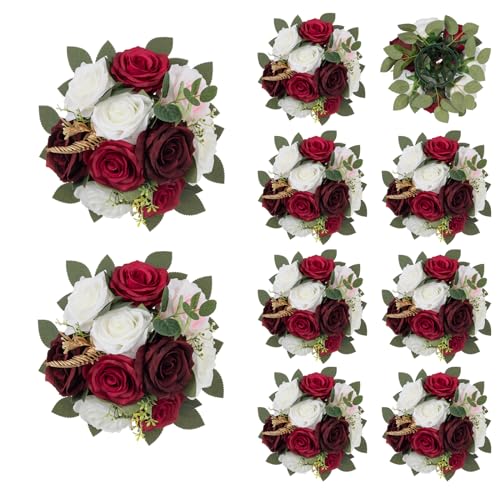 BLOSMON Artificial Flowers Ball Wedding Centerpieces 10 Pcs Burgundy Rose Artificial Flower Center Pieces Decoration for Table Silk Kissing Ball Faux Floral Bouquet Arrangements Home Party DIY Decor - color: Burgundy