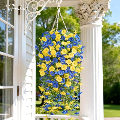 Serwalin Artificial Hanging Flowers for Outdoors Faux Plants, 4PCS Faux Morning Glory Fake Outdoor Flowers UV Resistant Realistic Silk Flower for Outside Planter Front Door Porch Patio Yard Decor - color: Yellow& Blue