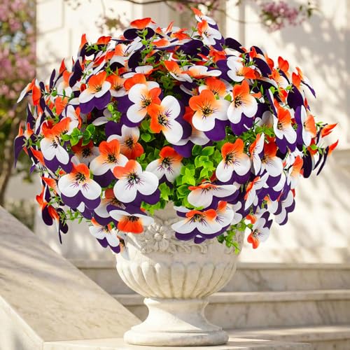 lovemoon 16 Pcs Artificial Pansy Flowers for Outdoor Faux Silk Spring Flowers for Outside, Realistic Pansies for Window Box, Planter, Front Door, Porch and Garden Home Decor (16, Orange,White,Purple) - color: Orange,white,purple