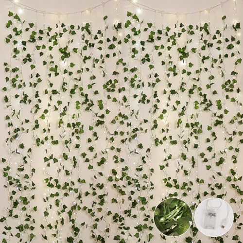 RECUTMS 118 Inches Plant Garland Hanging Vines with Lights LED Strings Artificial Ivy Fake Greenery Leaf Plants Faux Silk Green Leaves Plastic Flower for Party Room Patio Wall Bedroom Outdoor Decor - color: Green Light1