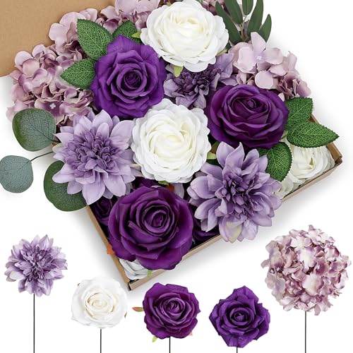 Artificial Flowers Combo Set, Fake Silk Floral Decor with Stems for DIY Roses Wedding Party Centerpieces Bridal Bouquets Cake Decorations Arrangements Indoor Outdoor Halloween(Purple) - color: Purple