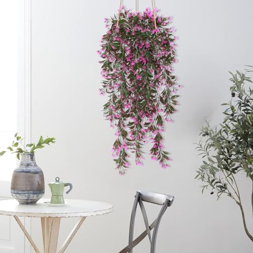 TOCHGREEN 4Pcs Artificial Hanging Plants Fern Vine, Faux Plastic Plants Fake Ivy Vine Greenery Garland with RoseRed Flower, Outdoor Indoor Decorations for Living Room Garden Wall Home Decor (Rose Red) - color: Rose Red