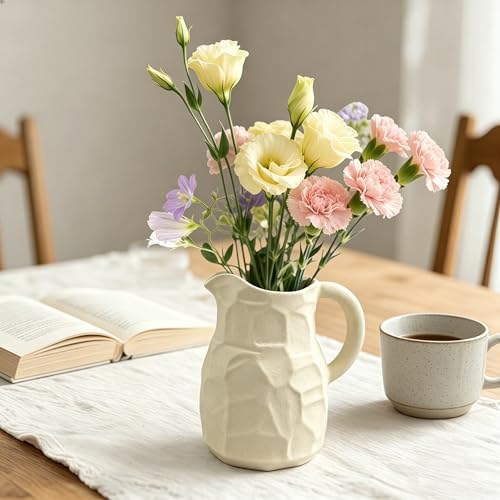 White Ceramic Pitcher Vase for Flowers - White Farmhouse Pitcher Vase with Handle,7 Inch Small Milk Jug Vases for Home Decor,Decorative Ceramic Vases for Bookshelf,Mantel,Living Room - color: Pitcher Vase