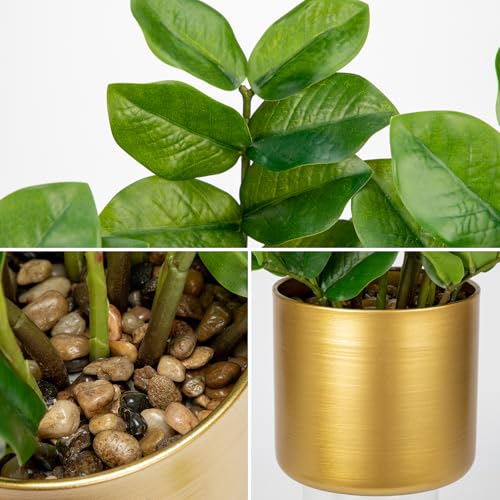 Briful Faux Plants Indoor Artificial ZZ Plant with Gold Pot 11.8in Realistic Fake Silk Plants for Home Office Bathroom Kitchen Dining Table Centerpiece Decoration - color: Gold Pot Small