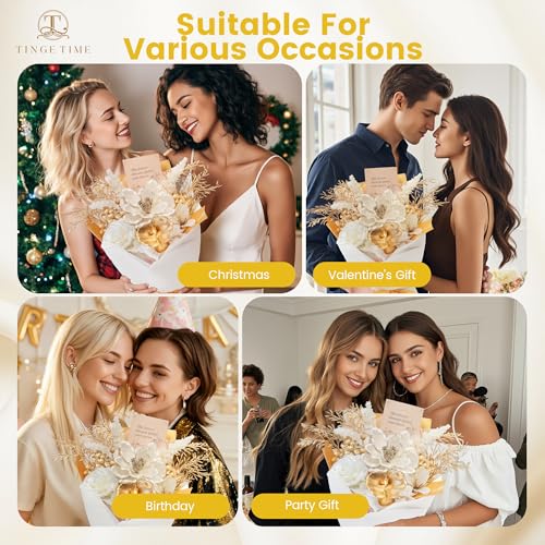 TINGE TIME Preserved Flowers Bouquet, Platinum Faux Rose Bouquets, Eternal Roses Bouquet for Wedding, Table Centerpieces, Mothers Day, Birthday Gifts, Anniversary, Graduation(White & Gold) - color: Platinum