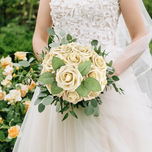 AmyHomie 25pcs Real Looking Artificial Beige Roses w/Stem for DIY Wedding Bouquets Centerpieces Arrangements Party Baby Shower Valentines Day Christmas Tree Decorations - color: Beige