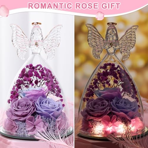 Mothers Day Rose Gifts for Women Preserved Real Flower in Glass Angel Figurines Roses for Delivery Prime Birthday Gifts for Mom Grandma Girlfriend Wife Her, Multi Purple - color: Multi Purple