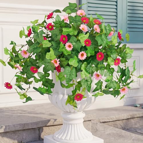 Krissing 3 Pcs Artificial Flowers for Outdoors UV Resistant Fake Ivy Plants Greenery Faux Silk Daisy Flowers for Outside Planters Garden Porch Window Box Balcony Summer Home Decor (Rose Red,Pink) - color: Hot Pink+pink, size: 3